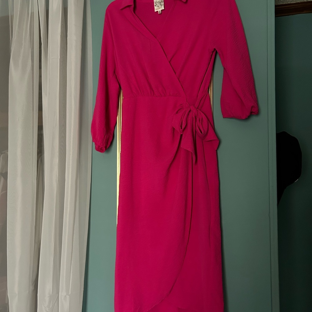 NAIF Pink Wrap Dress with Cuffed 3/4 Sleeves